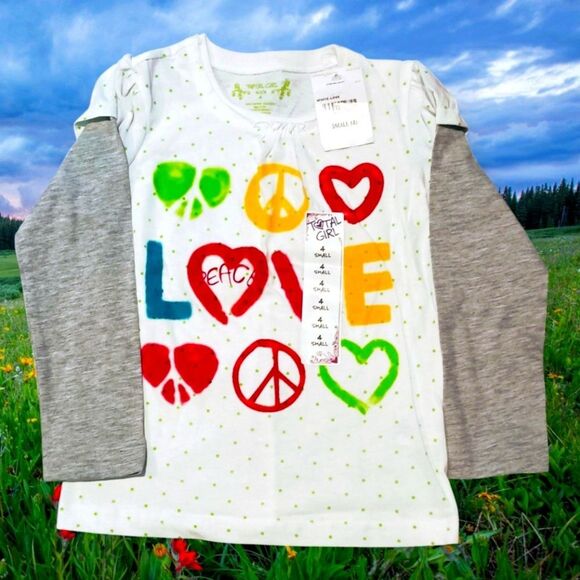 Total Girl Peace and Love Long Sleeve Tee - White and Gray Girls Size 4 NWT - Picture 1 of 3
